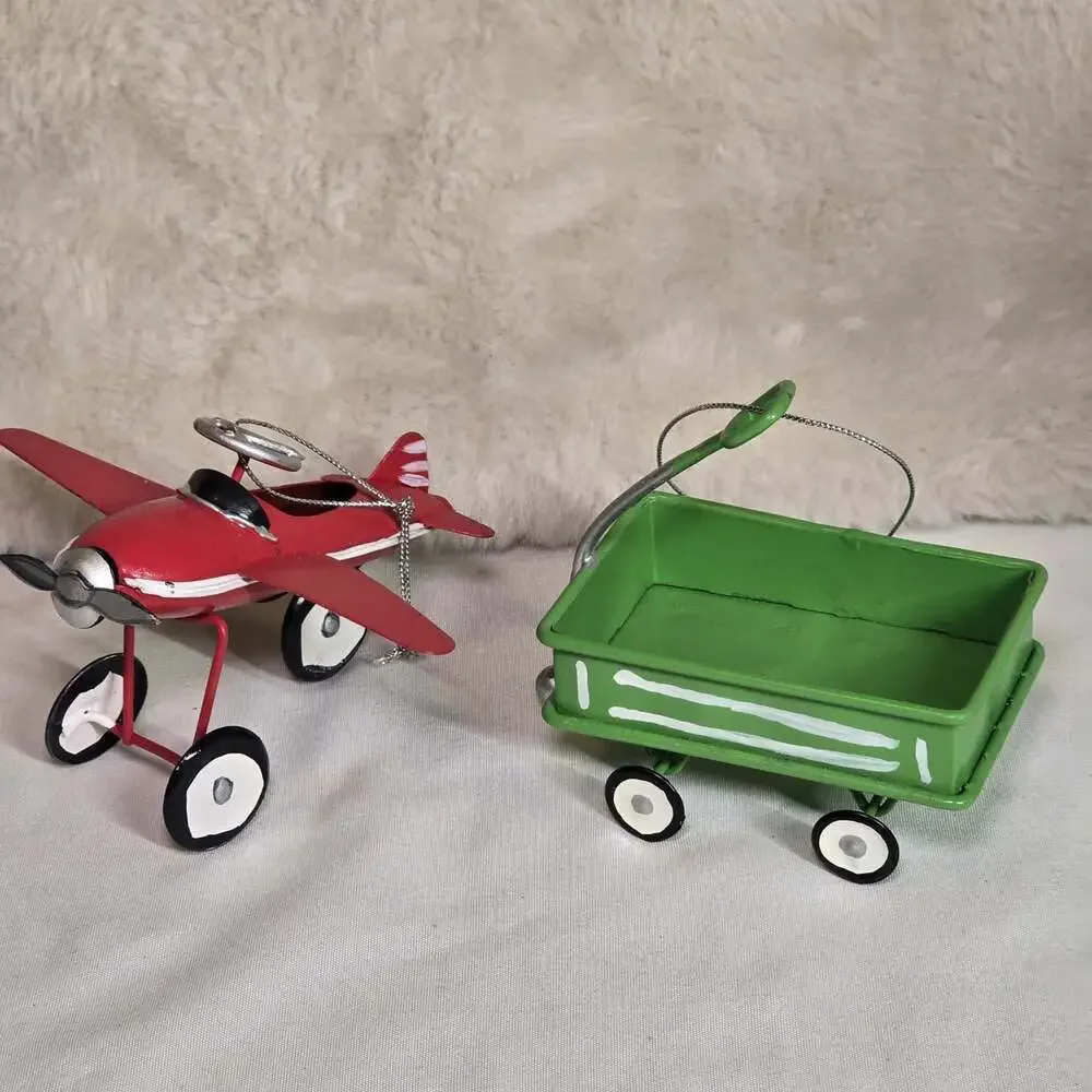 Vintage Red Airplane with Green Wagon Metal Ornament – Retro Christmas Decor